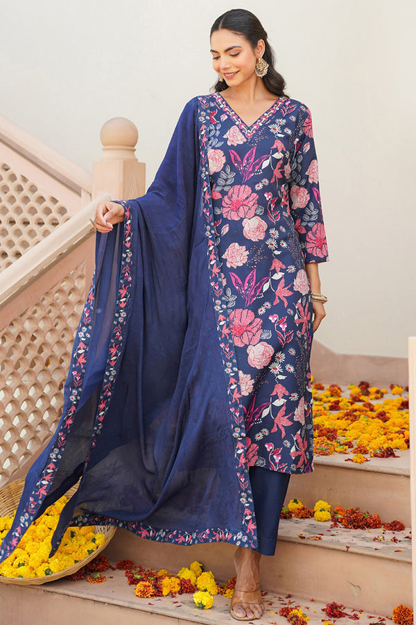 Blue Rayon Blend Floral Printed Straight Kurta Trouser With Dupatta VKSKD2306