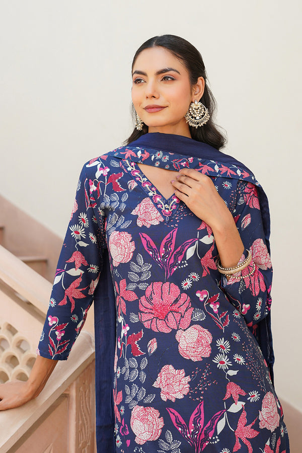 Blue Rayon Blend Floral Printed Straight Kurta Trouser With Dupatta VKSKD2306