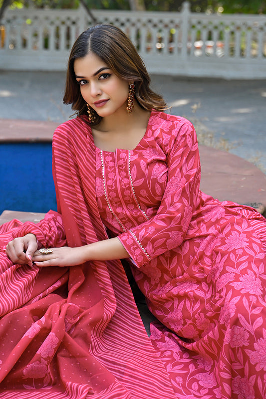 Red Cotton Blend Floral Printed Straight Trouser Suit Set VKSKD2307