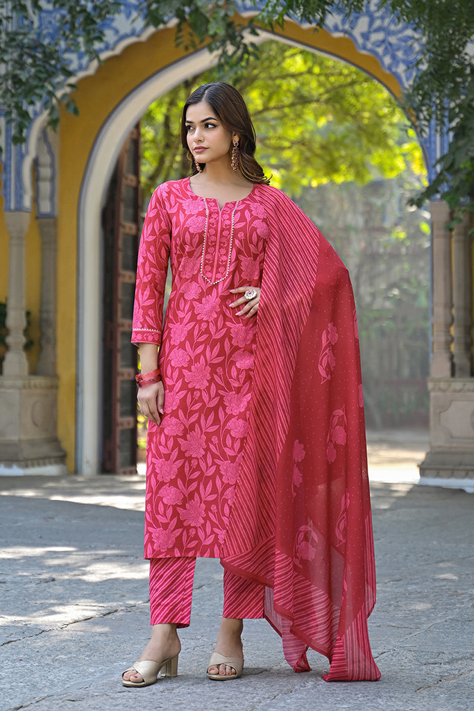 Red Cotton Blend Floral Printed Straight Trouser Suit Set VKSKD2307