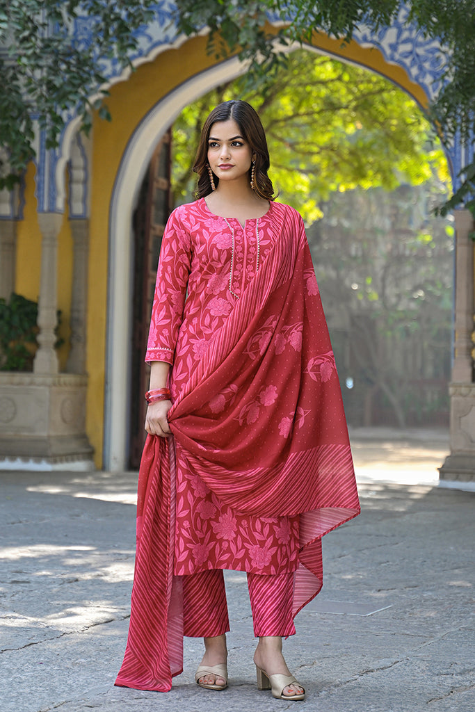 Red Cotton Blend Floral Printed Straight Trouser Suit Set VKSKD2307
