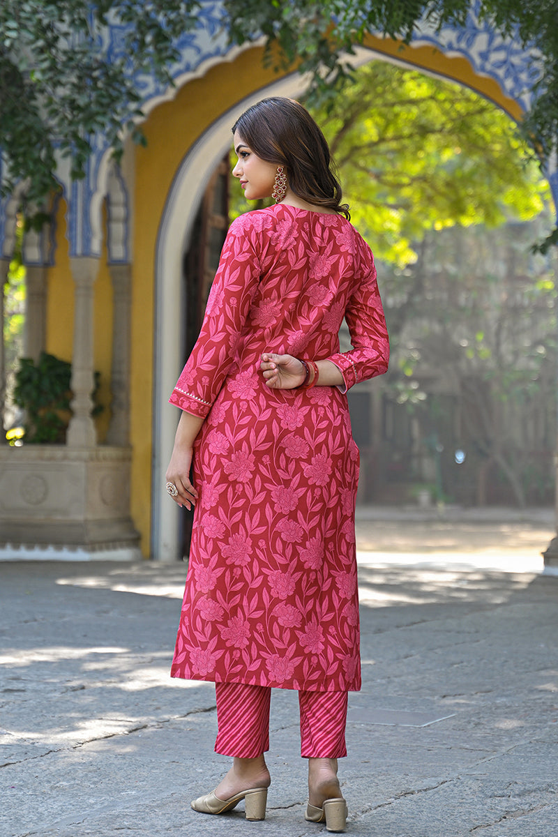 Red Cotton Blend Floral Printed Straight Trouser Suit Set VKSKD2307