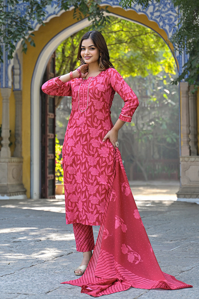 Red Cotton Blend Floral Printed Straight Trouser Suit Set VKSKD2307