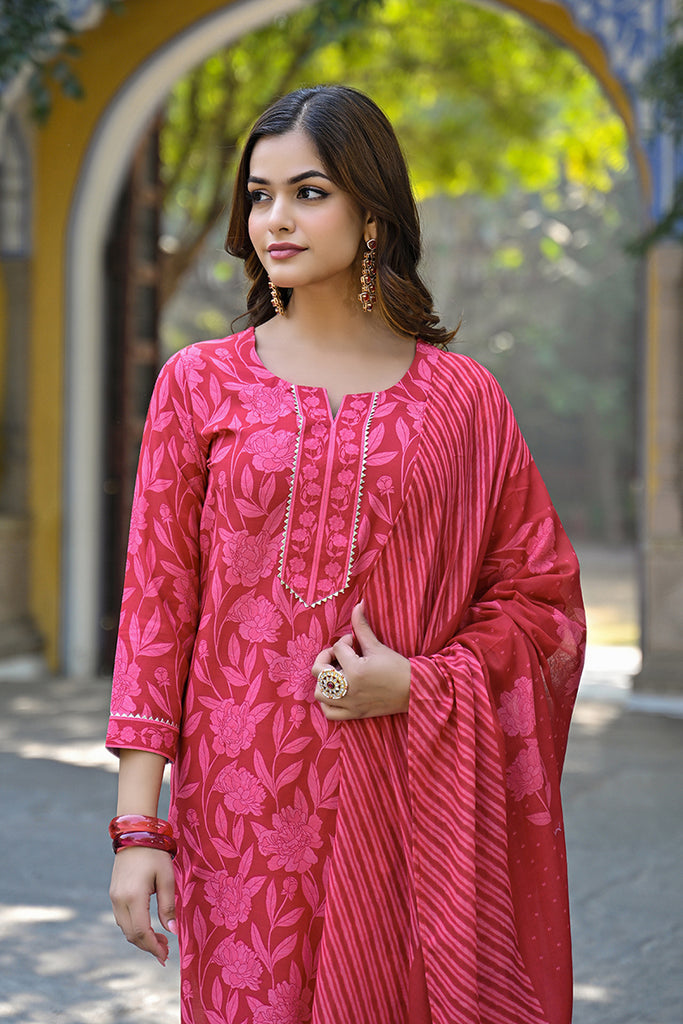 Red Cotton Blend Floral Printed Straight Trouser Suit Set VKSKD2307