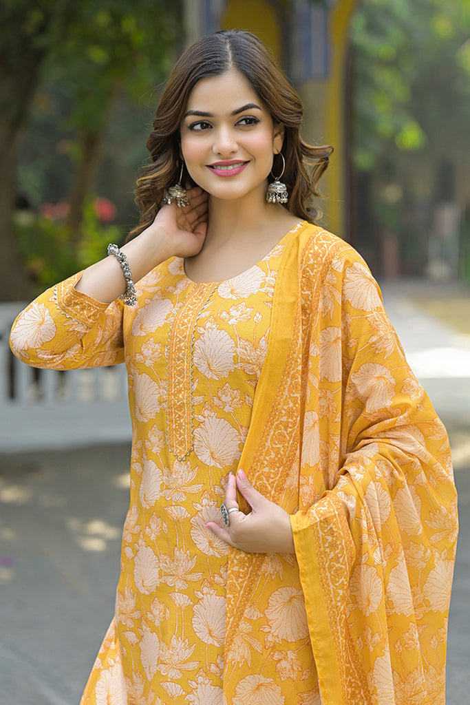 Yellow Rayon Blend Floral Printed Straight Kurta Suit Set VKSKD2309