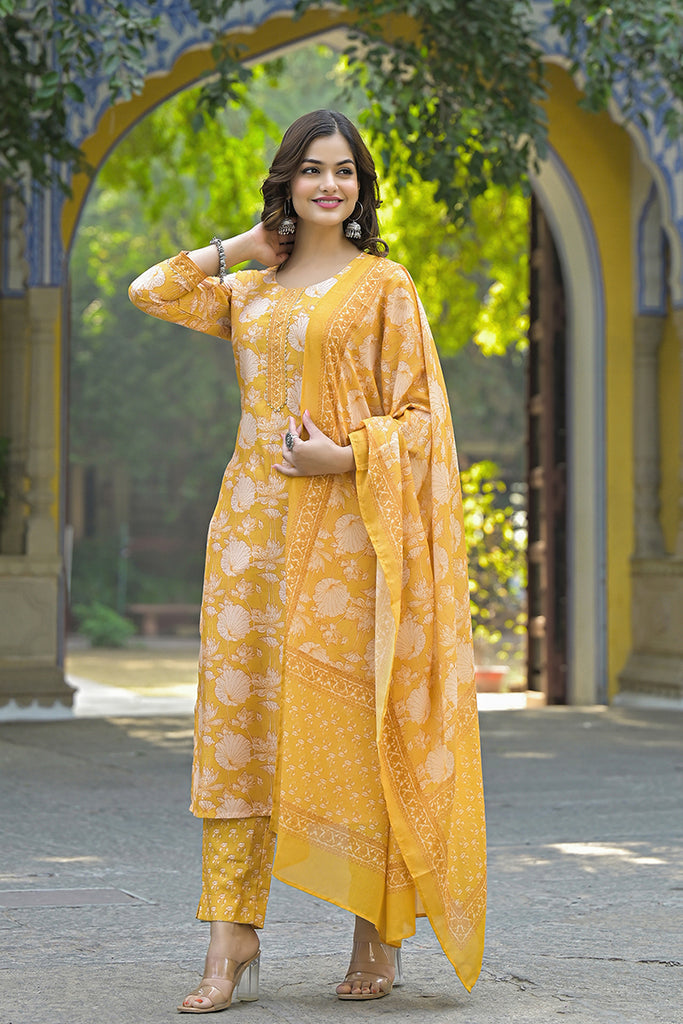 Yellow Rayon Blend Floral Printed Straight Kurta Suit Set VKSKD2309