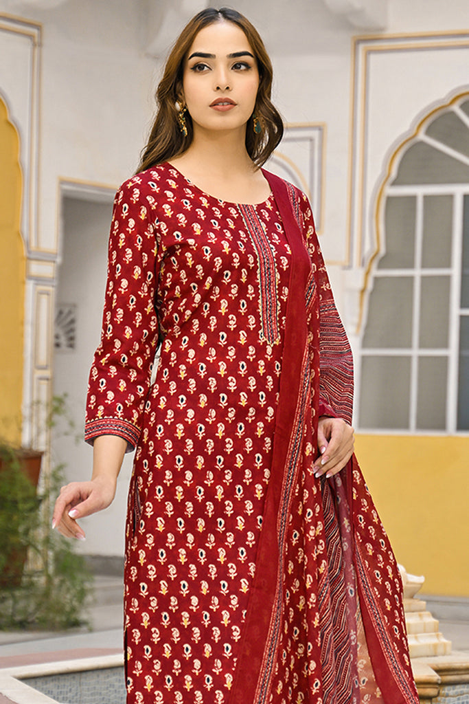 Maroon Rayon Blend Ethnic Motifs Straight Trouser Suit Set VKSKD2311