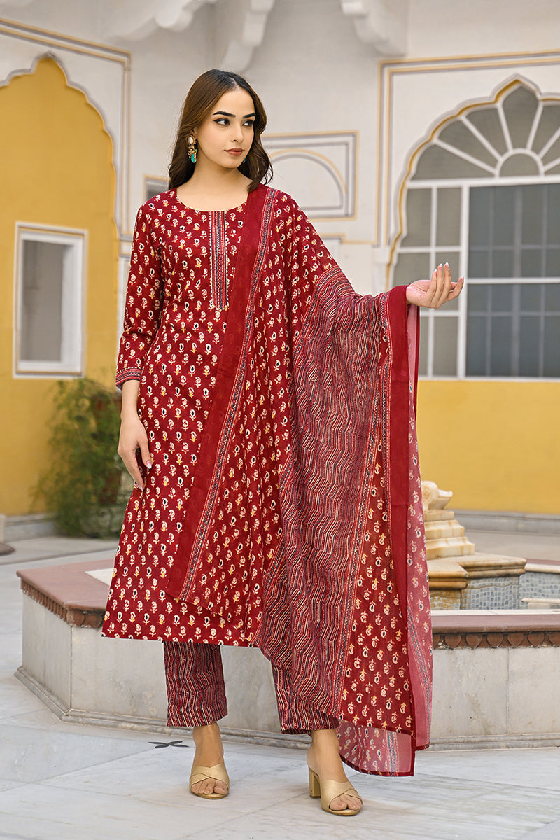 Maroon Rayon Blend Ethnic Motifs Straight Trouser Suit Set VKSKD2311