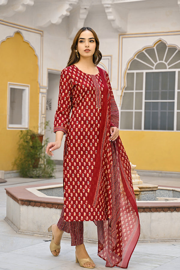 Maroon Rayon Blend Ethnic Motifs Straight Trouser Suit Set VKSKD2311