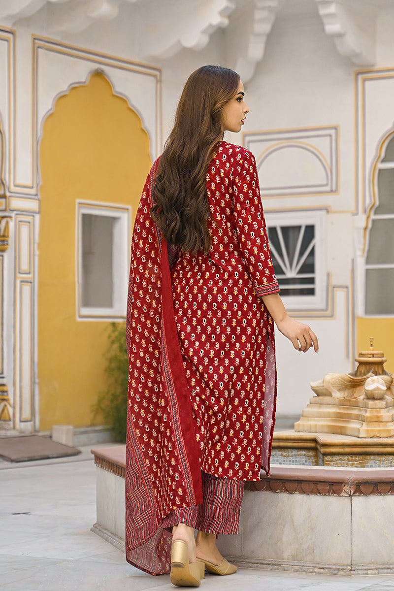 Maroon Rayon Blend Ethnic Motifs Straight Trouser Suit Set VKSKD2311