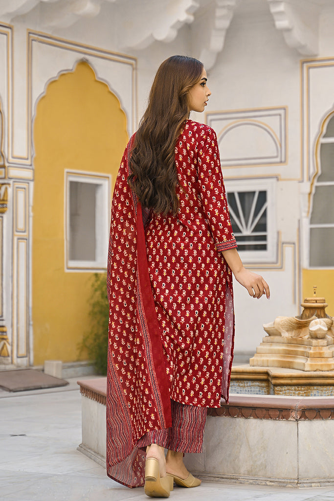 Maroon Rayon Blend Ethnic Motifs Straight Trouser Suit Set VKSKD2311