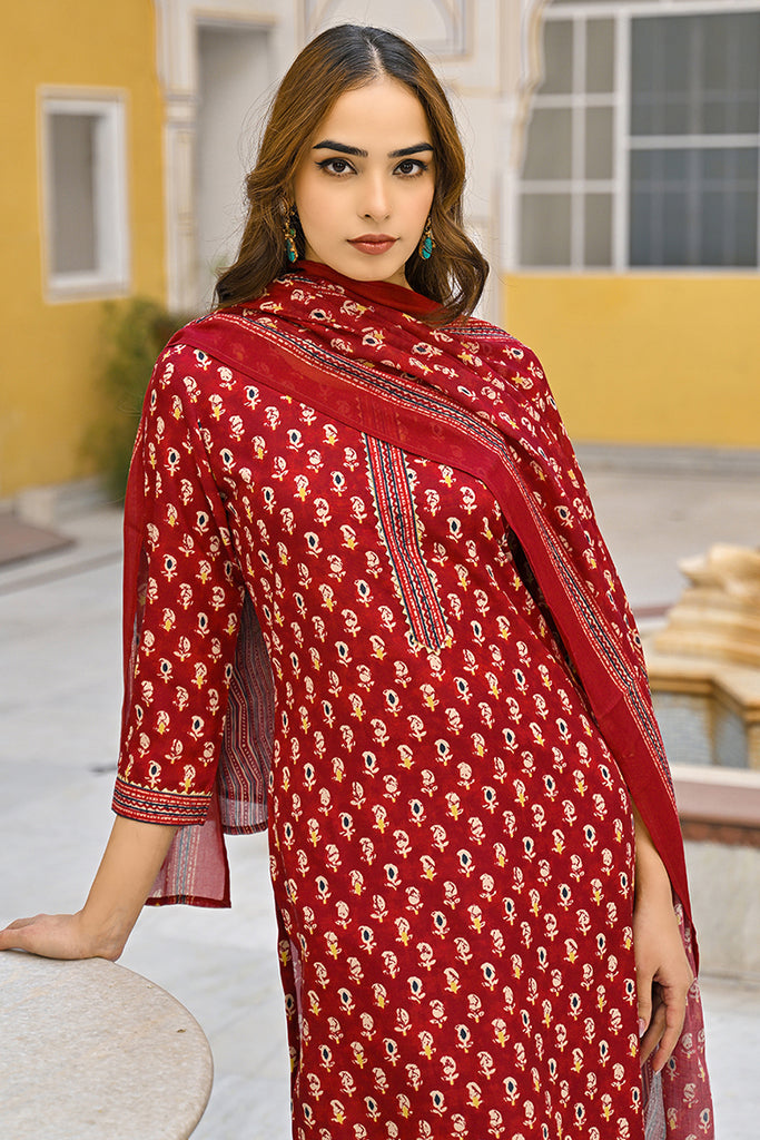 Maroon Rayon Blend Ethnic Motifs Straight Trouser Suit Set VKSKD2311