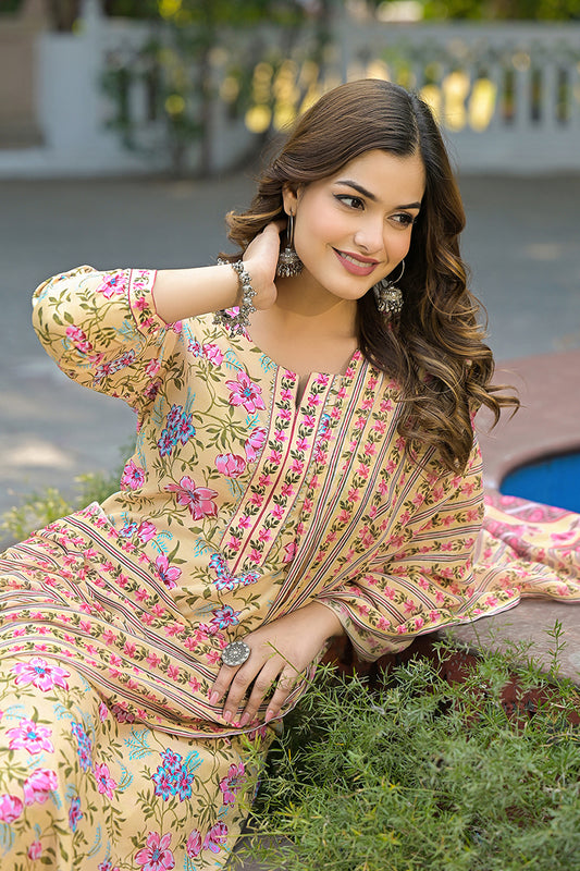 Yellow Rayon Blend Floral Printed Straight Suit Set VKSKD2314