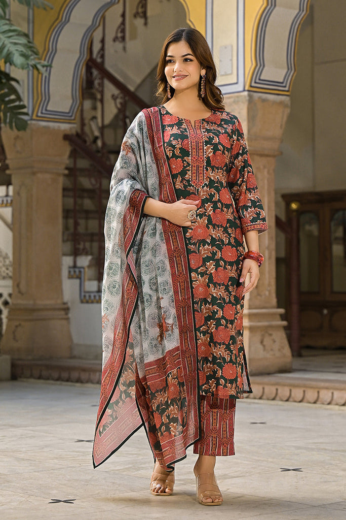 Green Rayon Blend Floral Printed Straight Trouser Suit Set VKSKD2316