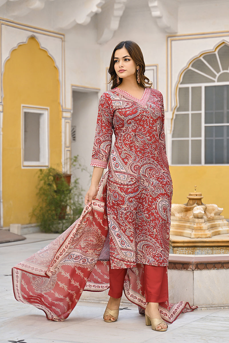 Red Rayon Blend Paisley Printed Straight Suit Set VKSKD2317