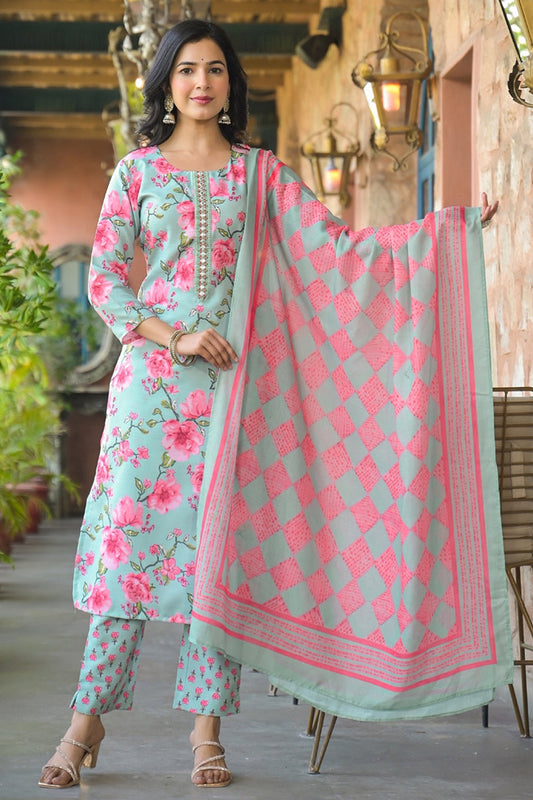 Green Rayon Blend Floral Printed Straight Kurta Trousers With Dupatta SETVKSKD2323 (M To 3XL Set)