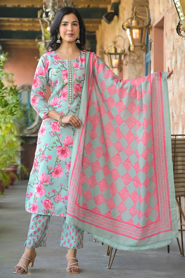 Green Rayon Blend Floral Printed Straight Kurta Trousers With Dupatta SETVKSKD2323 (M To 3XL Set)