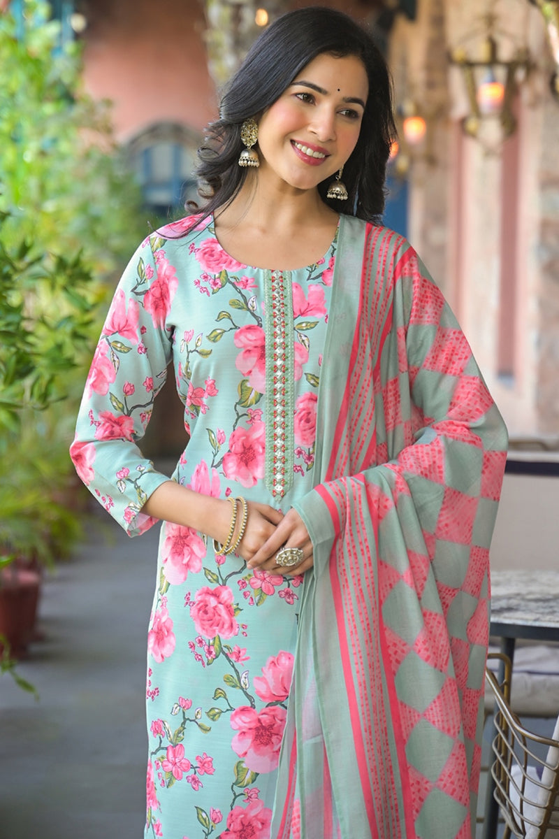 Green Rayon Blend Floral Printed Straight Kurta Trousers With Dupatta VKSKD2323