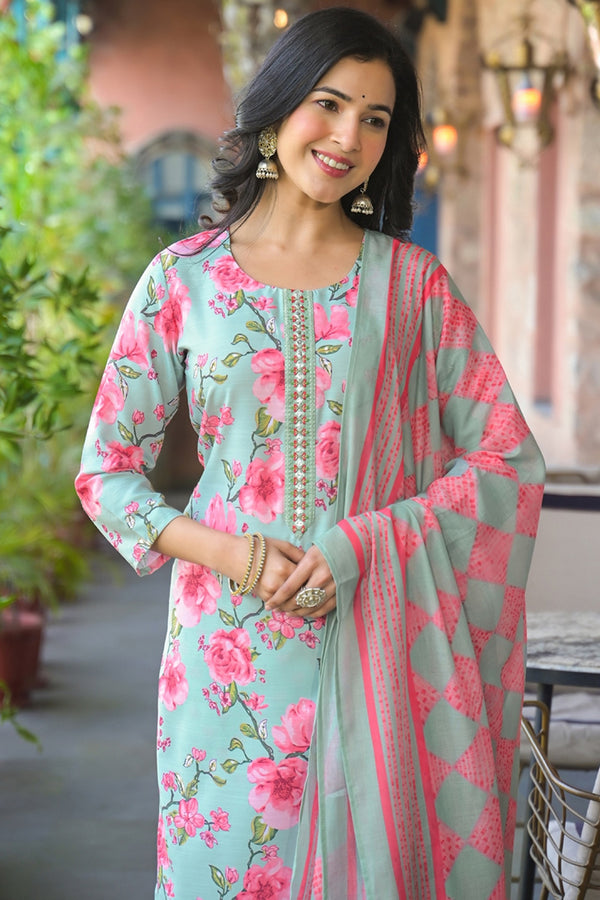 Green Rayon Blend Floral Printed Straight Kurta Trousers With Dupatta VKSKD2323