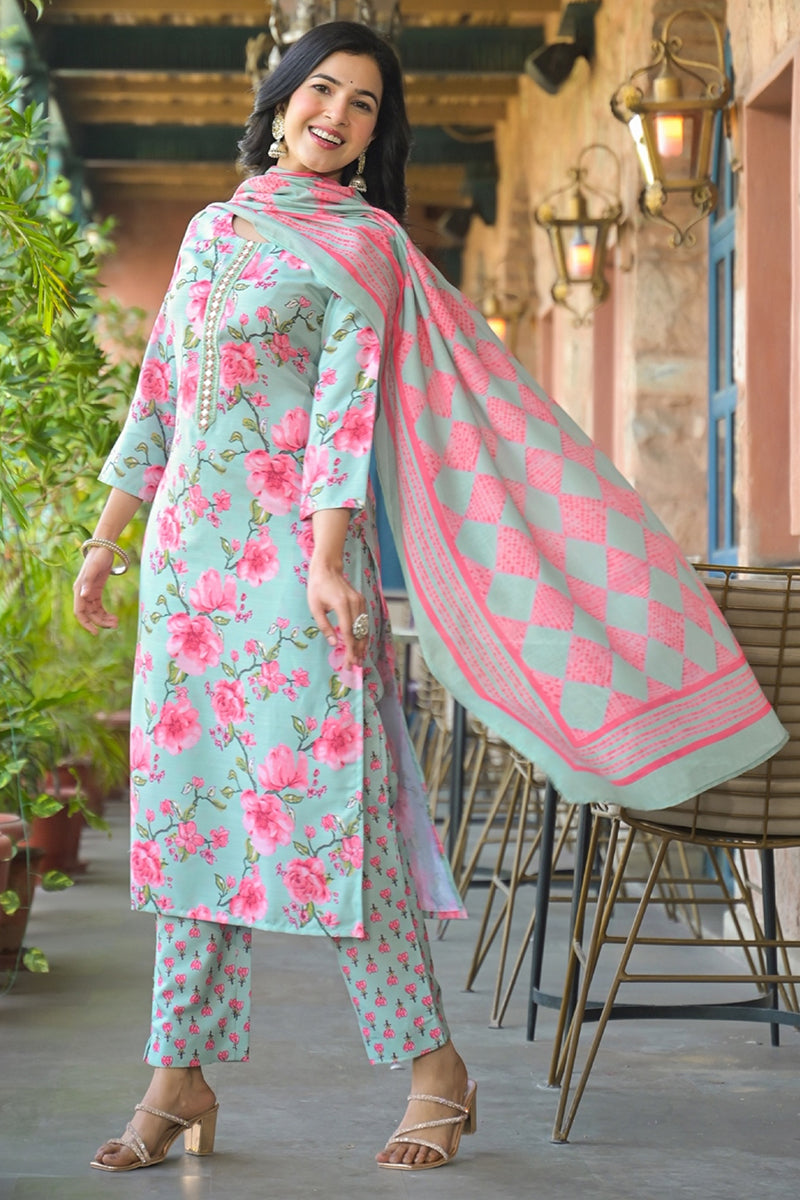 Green Rayon Blend Floral Printed Straight Kurta Trousers With Dupatta SETVKSKD2323 (M To 3XL Set)