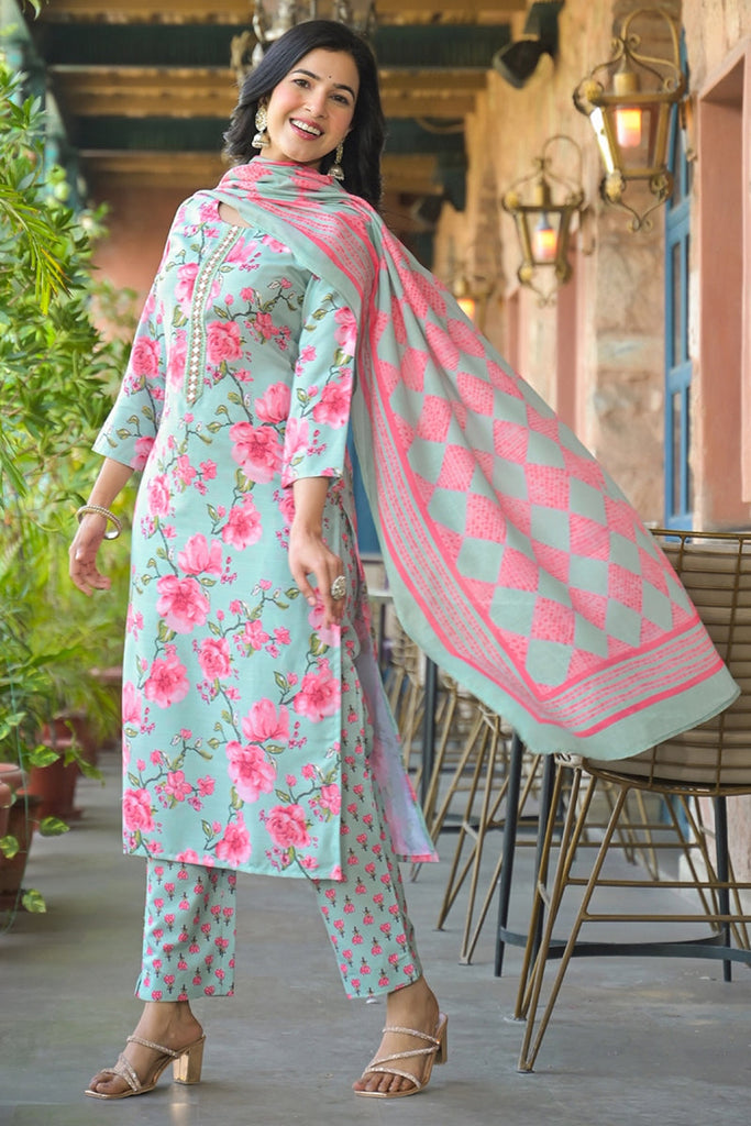 Green Rayon Blend Floral Printed Straight Kurta Trousers With Dupatta SETVKSKD2323 (M To 3XL Set)