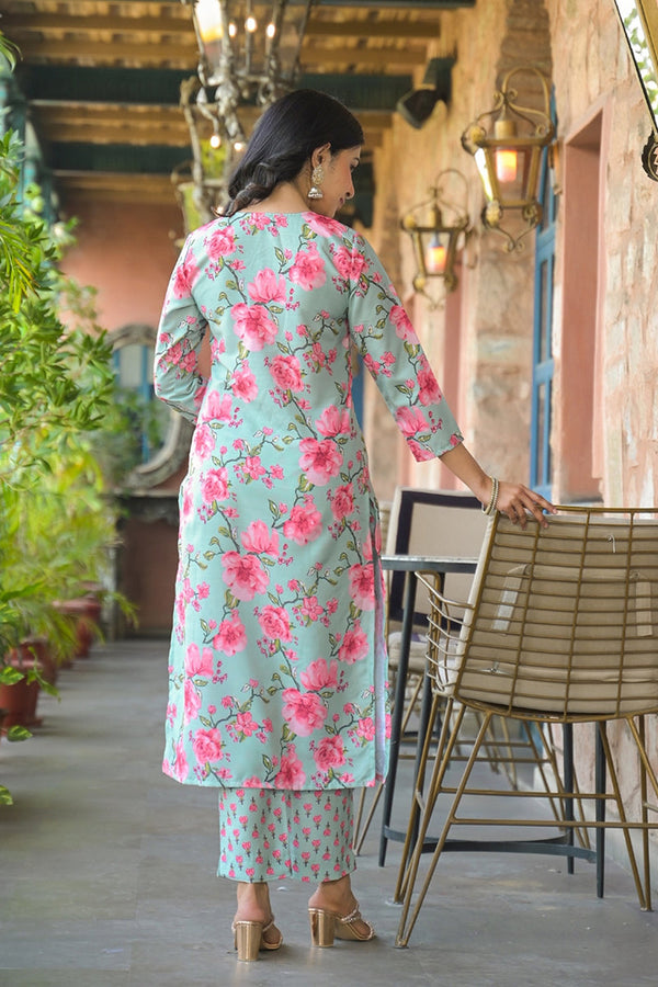 Green Rayon Blend Floral Printed Straight Kurta Trousers With Dupatta SETVKSKD2323 (M To 3XL Set)