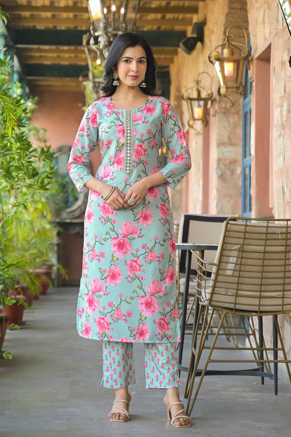 Green Rayon Blend Floral Printed Straight Kurta Trousers With Dupatta SETVKSKD2323 (M To 3XL Set)
