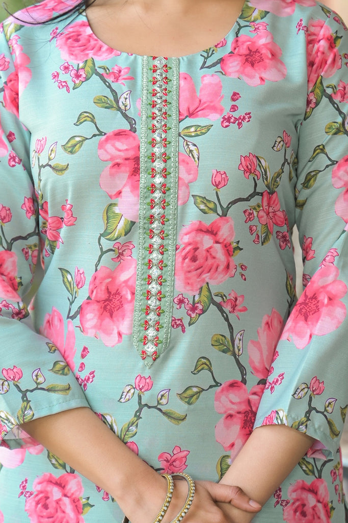 Green Rayon Blend Floral Printed Straight Kurta Trousers With Dupatta VKSKD2323