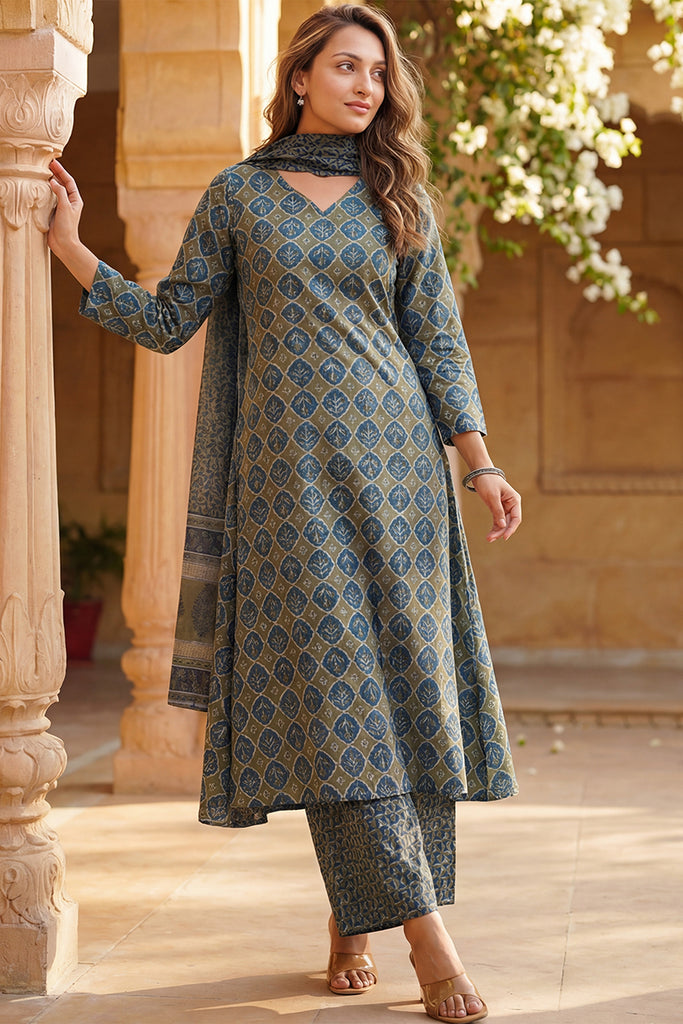 Olive Rayon Blend Floral Printed A-Line Kurta Palazzo With Dupatta VKSKD2329