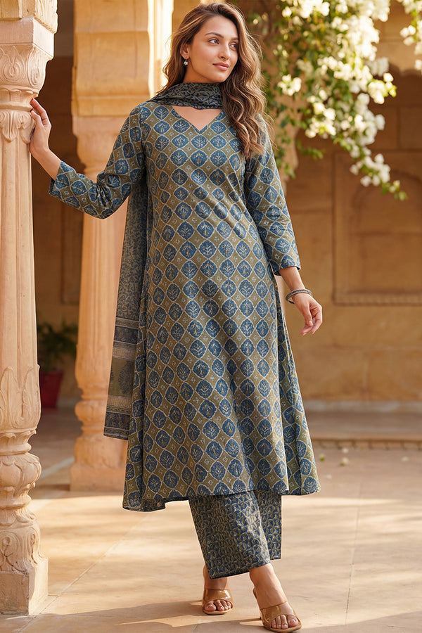 Olive Rayon Blend Floral Printed A-Line Kurta Palazzo With Dupatta VKSKD2329