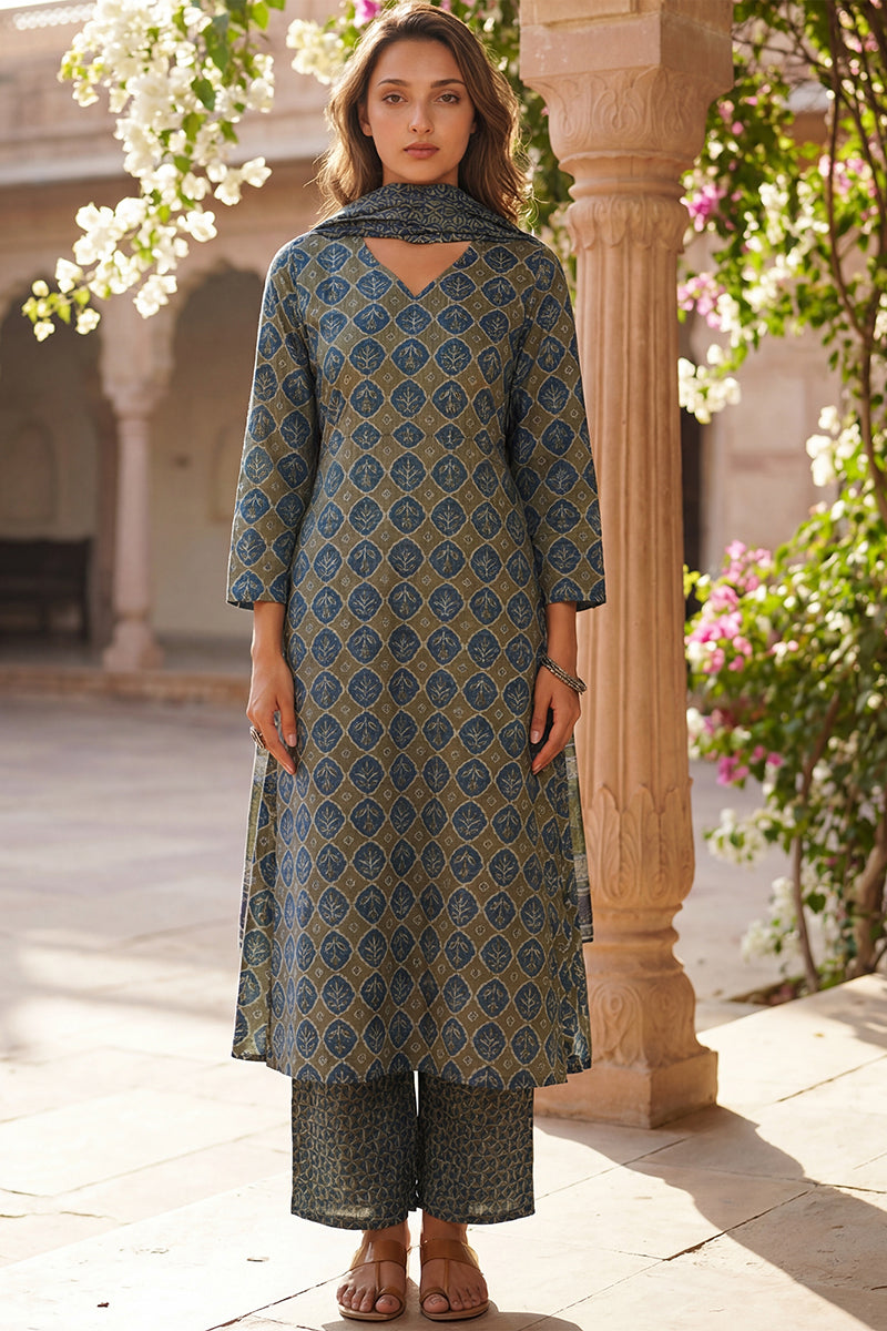 Olive Rayon Blend Floral Printed A-Line Kurta Palazzo With Dupatta VKSKD2329