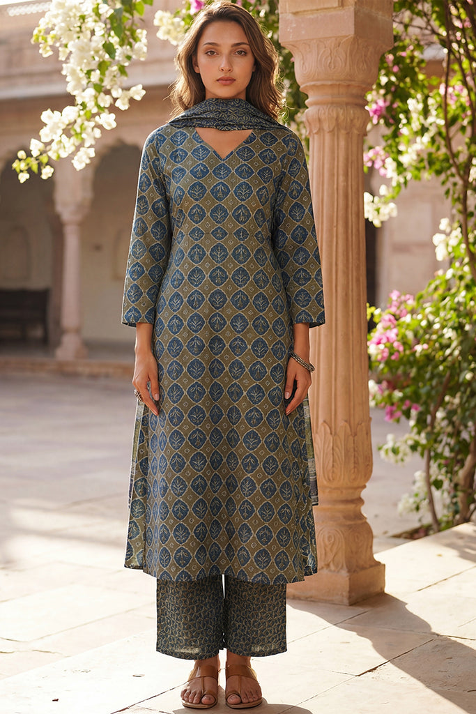 Olive Rayon Blend Floral Printed A-Line Kurta Palazzo With Dupatta VKSKD2329