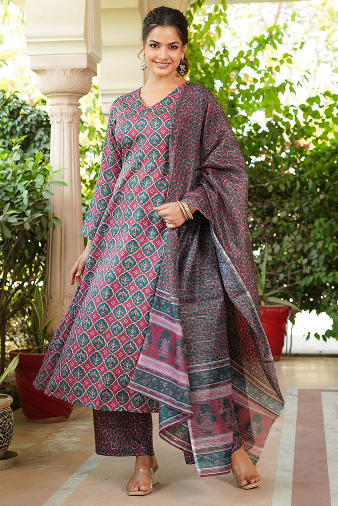 Maroon Rayon Blend Floral Printed A-Line Kurta Palazzo With Dupatta VKSKD2330
