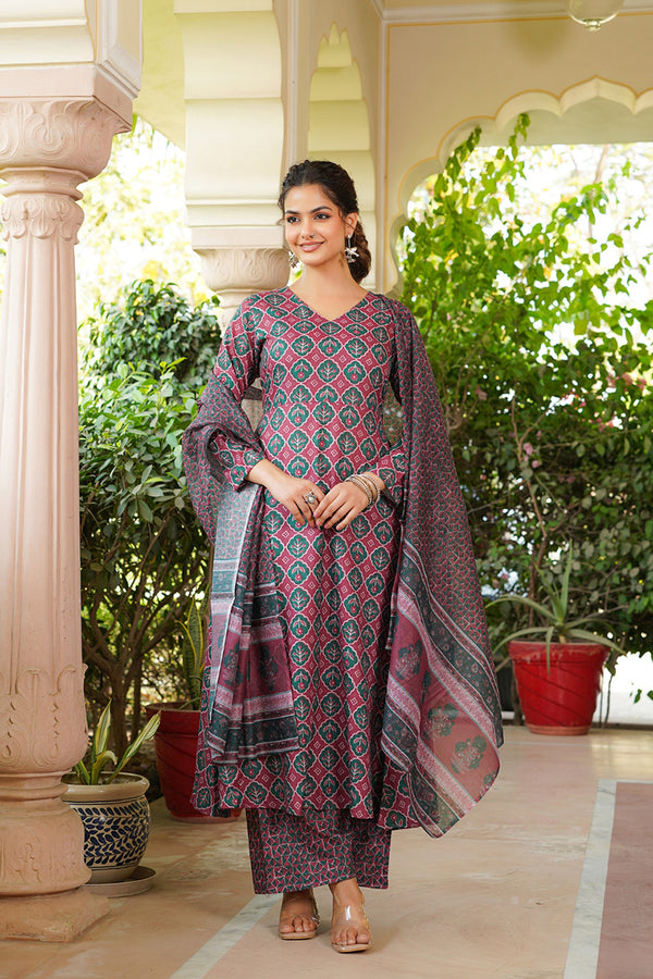 Maroon Rayon Blend Floral Printed A-Line Kurta Palazzo With Dupatta VKSKD2330