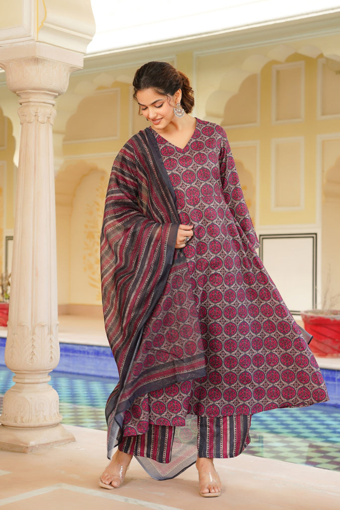 Pink Rayon Blend Floral Printed A-Line Kurta Palazzo With Dupatta VKSKD2331