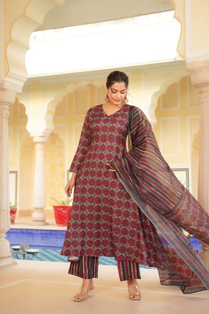 Red Rayon Blend Floral Printed A-Line Kurta Palazzo With Dupatta VKSKD2332
