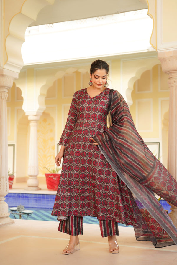 Red Rayon Blend Floral Printed A-Line Kurta Palazzo With Dupatta VKSKD2332
