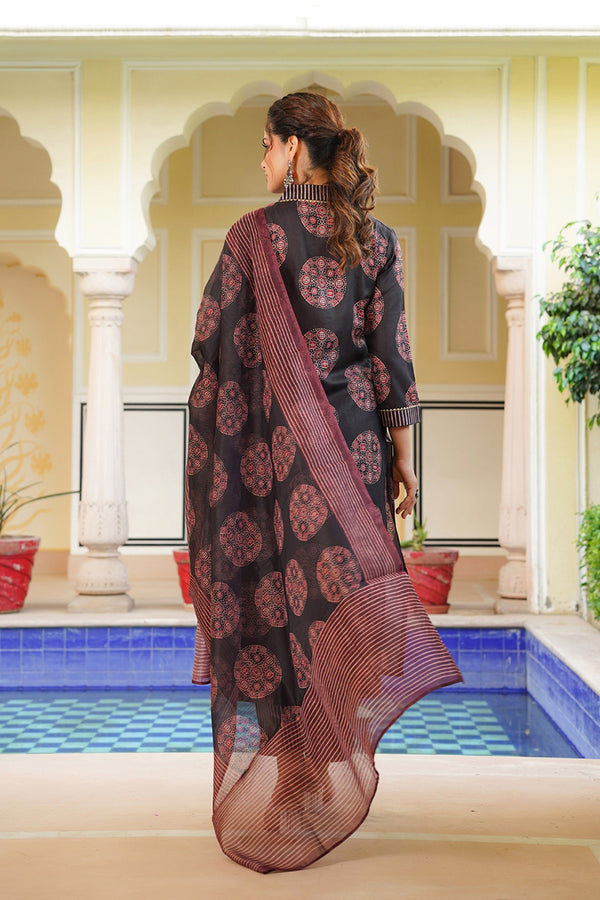 Black Rayon Blend Ajrakh Printed Straight Kurta Trousers With Dupatta VKSKD2333