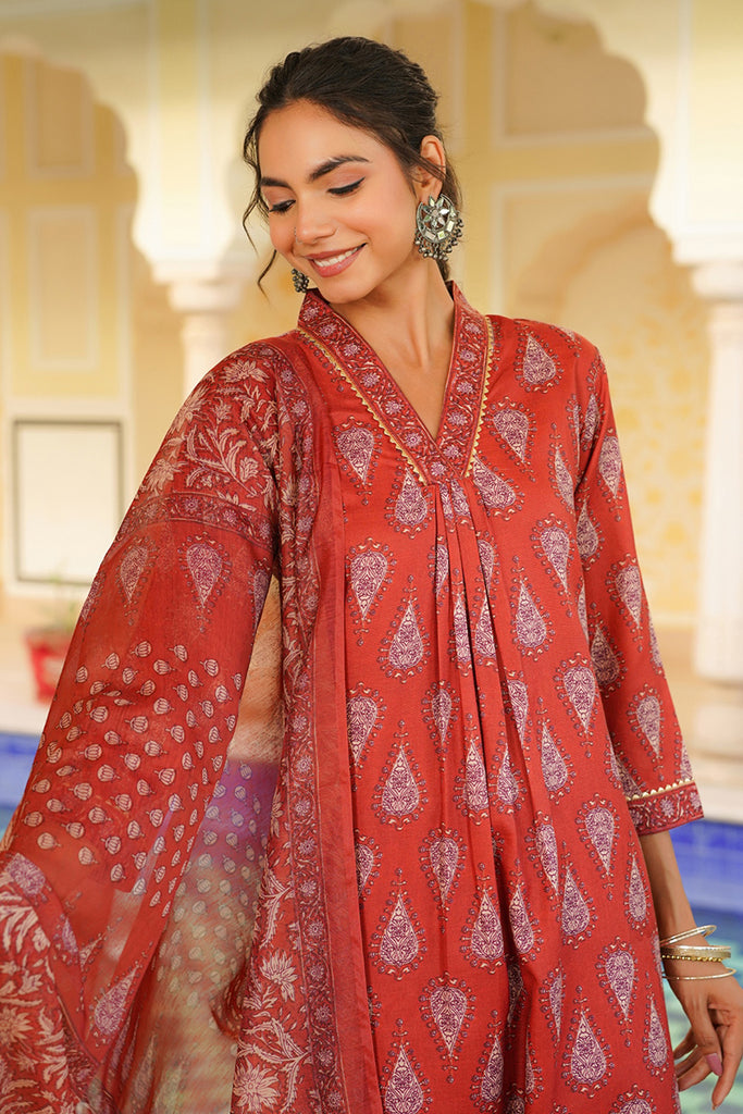 Red Rayon Blend Floral Printed Straight Kurta Trouser With Dupatta VKSKD2334