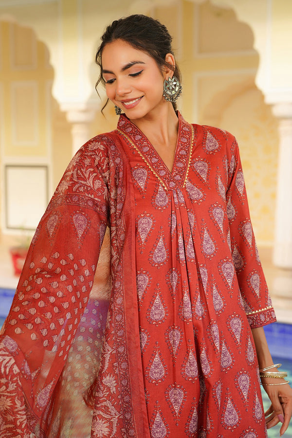 Red Rayon Blend Floral Printed Straight Kurta Trouser With Dupatta VKSKD2334