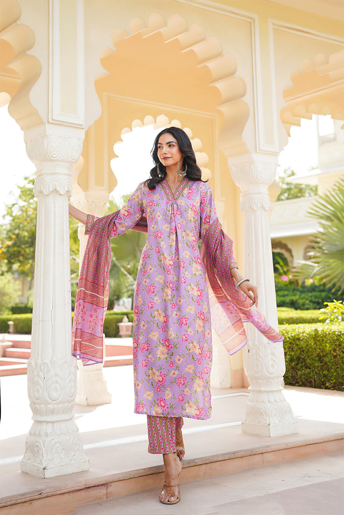 Purple Rayon Blend Floral Printed Straight Kurta Trousers With Dupatta VKSKD2337