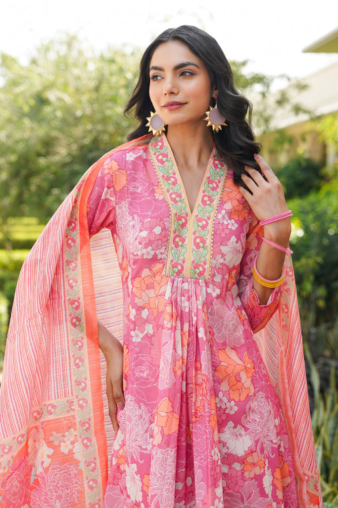Pink Rayon Blend Floral Printed A-Line Kurta Palazzo With Dupatta VKSKD2341