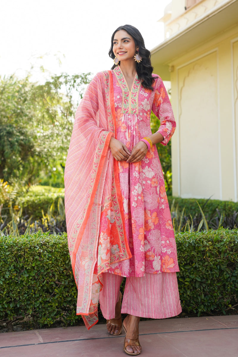 Pink Rayon Blend Floral Printed A-Line Kurta Palazzo With Dupatta VKSKD2341