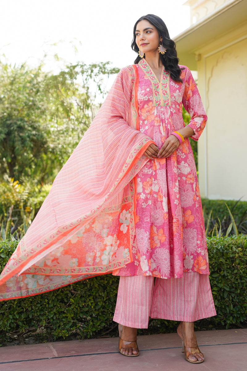 Pink Rayon Blend Floral Printed A-Line Kurta Palazzo With Dupatta VKSKD2341