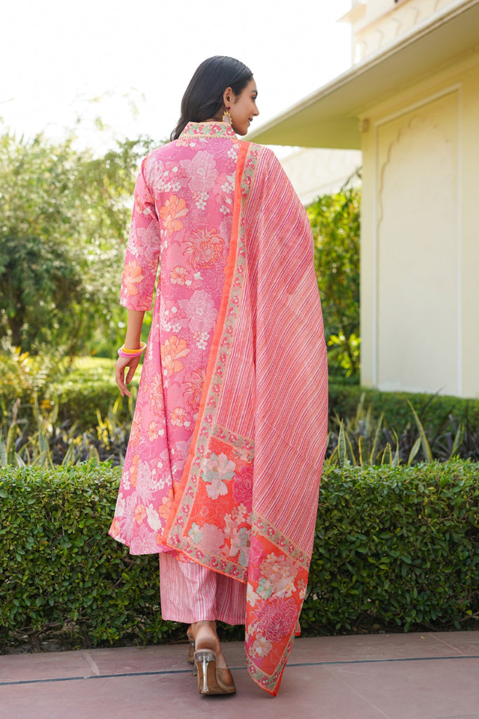 Pink Rayon Blend Floral Printed A-Line Kurta Palazzo With Dupatta VKSKD2341