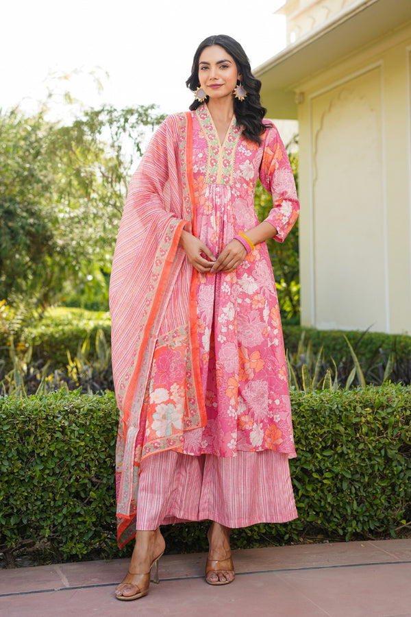 Pink Rayon Blend Floral Printed A-Line Kurta Palazzo With Dupatta VKSKD2341