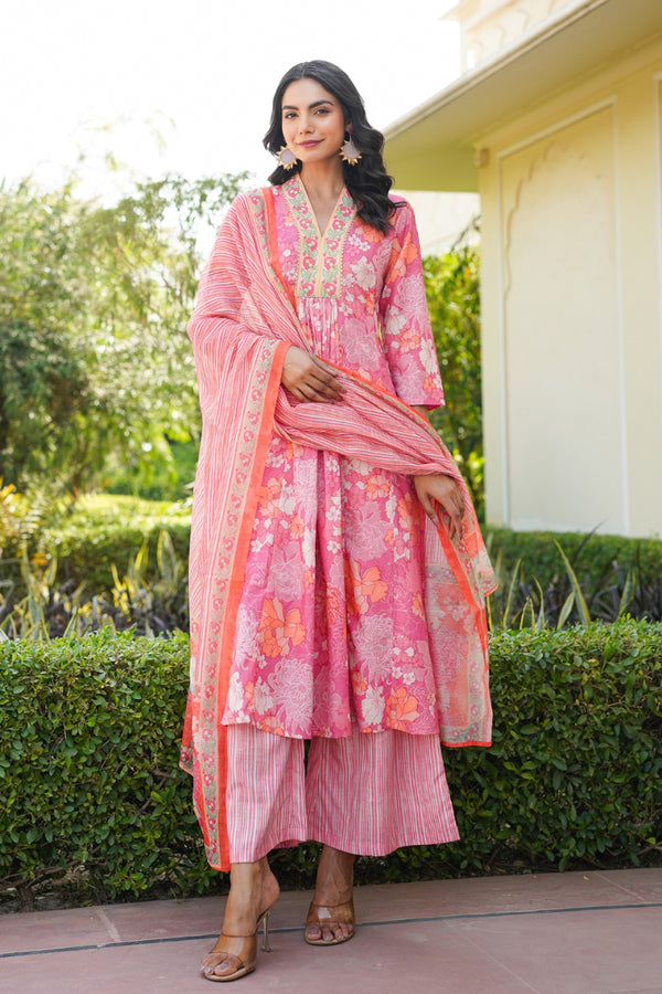 Pink Rayon Blend Floral Printed A-Line Kurta Palazzo With Dupatta VKSKD2341