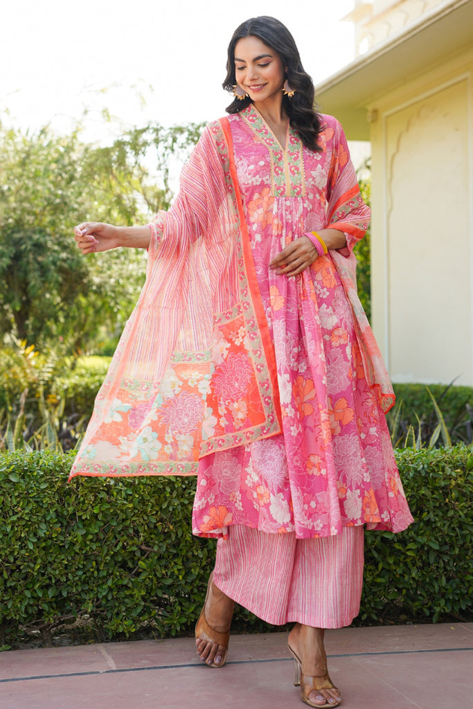 Pink Rayon Blend Floral Printed A-Line Kurta Palazzo With Dupatta VKSKD2341