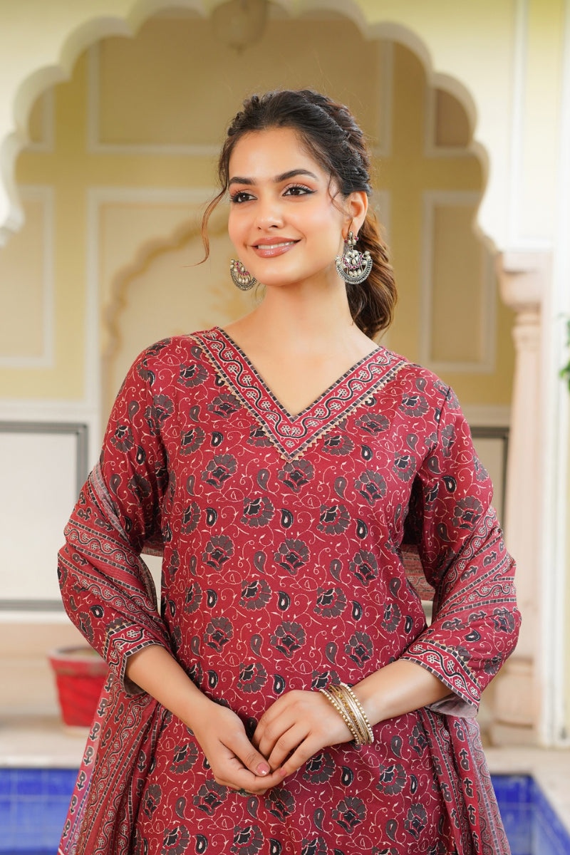 Red Rayon Blend Ethnic Motifs Printed Straight Kurta Salwar With Dupatta VKSKD2342