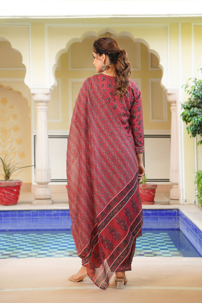 Red Rayon Blend Ethnic Motifs Printed Straight Kurta Salwar With Dupatta VKSKD2342